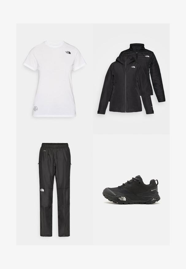 Černá dvoudílná bunda s voděodolnou vnější vrstvou a kapucí a prošívanou vnitřní vrstvou. Obě vrstvy mají zipové uzávěry a loga.; Bílý bavlněný tričko s černým logem na levé straně hrudi a šedým grafickým designem v pravém dolním rohu. Klasický crew neck a krátké rukávy.; Černé voděodolné kalhoty vyrobené z lehkého materiálu, mají elastický pas, boční kapsy a logo na levé noze.; Černá turistická bota s texturovaným svrškem, šněrováním a masivní gumovou podrážkou, která má výrazné logo po straně a vzory na podrážce.