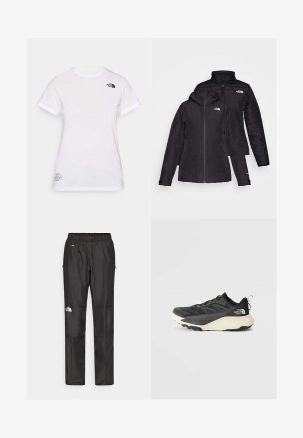 Čierna dvojvrstvová bunda s vodeodolnou vonkajšou vrstvou a kapucňou a prešívanou vnútornou vrstvou. Obe vrstvy majú zipsy a logá.; Biela bavlnená tričko s čiernym logom na ľavej hrudi a sivým grafickým dizajnom v dolnom pravom rohu. Klasický okrúhly výstrih a krátke rukávy.; Čierne vodeodolné nohavice vyrobené z ľahkej tkaniny, s elastickým pásom, bočnými vreckami a logom na ľavom stehne.; Čierna atletická obuv s textúrovaným vrchom, s šedými akcentmi a bielou medzipodrážkou. Obsahuje pútko a výrazné logo značky na päte.