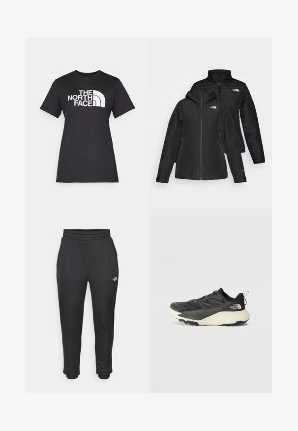 Melnā divu vienā jakā ir ūdensnecaurlaidīgs ārējais slānis ar kapuci un quiltēts iekšējais slānis. Abiem slāņiem ir rāvējslēdzēju aizdare un logotipi.; Melnas kokvilnas T-krekls ar lielu baltu "THE NORTH FACE" logo un izliekto akcentu. Īsas piedurknes un apaļš kakla izgriezums, patīkama tekstūra.; Melnas sporta bikses ar elastīgu jostu un gumijotiem galiem, izgatavotas no mīkstas auduma, ar sānu kabatām un logo kreisajā augšstilbā.; Melna sporta kurpe ar teksturētu augšdaļu, kurai ir pelēki akcenti un balts vidusdaļa. Ietver vilkšanas cilpu un izteiktu zīmola logo uz papēža.