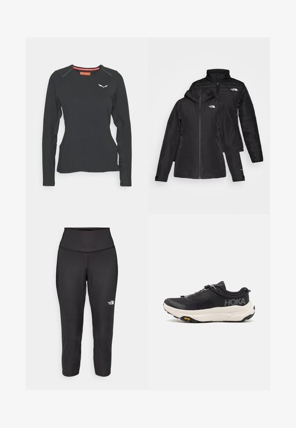 Jachetă neagră 2 în 1, cu un strat exterior impermeabil, dotat cu glugă și un strat interior căptușit. Ambele straturi au închidere cu fermoar și logo-uri.; Salewa PEDROC DRY TEE W. - Bluză cu mânecă lungă - black out; Leggings capri negre din material elastic, cu un talie înaltă și un mic logo alb pe partea stângă. Textură netedă.; Pantofi sport negri cu un superior din plasă respirabilă, talpă din cauciuc, mijloc de amortizare albă și șireturi reflective. Logo-ul Vibram pe talpă.