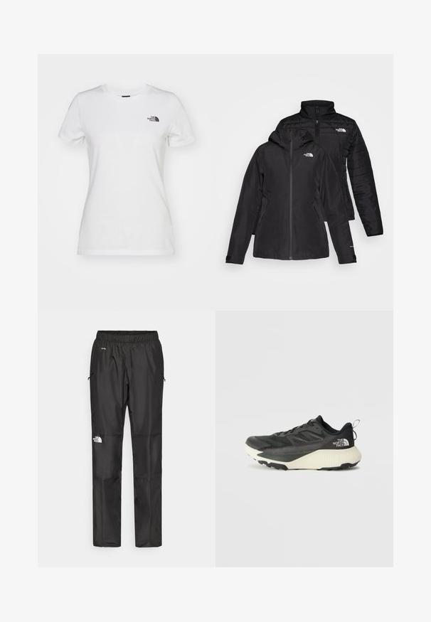 Schwarze Zwei-in-Eins-Jacke mit einer wasserdichten Außenlage und einer Kapuze sowie einer wattierten Innenlage. Beide Lagen verfügen über einen Reißverschluss und Logos.; Weißes Baumwoll-T-Shirt mit Rundhalsausschnitt, kurzen Ärmeln und kleinem schwarzen Logo auf der linken Brust. Glatte Textur und taillierte Form.; Schwarze wasserdichte Hose aus leichtem Material, mit elastischem Bund, Seitentaschen und einem Logo am linken Bein.; Schwarzer Sportschuh mit strukturiertem Obermaterial, ausgestattet mit grauen Akzenten und einer weißen Zwischensohle. Enthält eine Zuglasche und ein markantes Markenlogo an der Ferse.