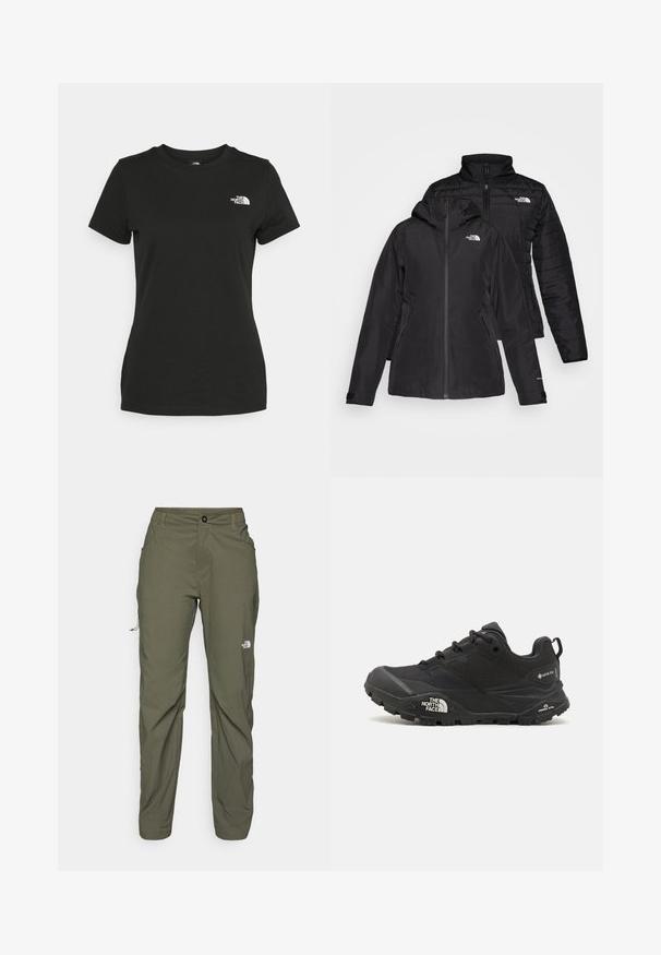 Must musta kahe-osaline jakk, millel on veekindel välimine kihte kapuutsiga ja sooja voodriga sisemine kihte. Mõlemal kihil on lukuga kinnitused ja logod.; Mustvalge puuvillane t-särk, millel on ümber kaeluse lõige ja lühikesed varrukad. Märkimisväärne valge logo vasakul ülal nurgas. Sile tekstuur, mugav lõige.; The North Face EXPLORATION PANTS - Õuepüksid - new taupe green; Mustad matkajalanõud musta värvi, tekstuurse ülemise osa, paeltega kinnituse ja volüümika kummitald, millel on silmapaistev logo külgedel ja mustrimuster.