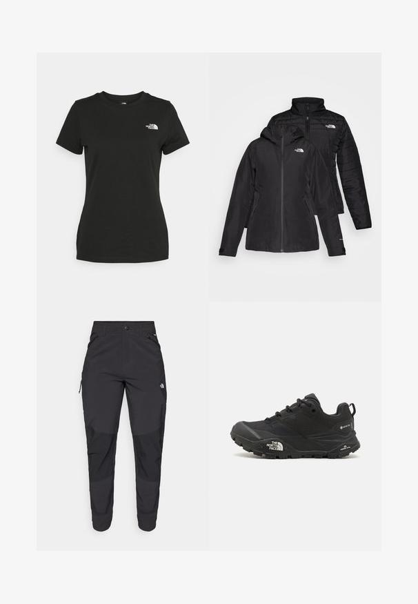 Juodas dvi viename džemperis, turintis nepralaidų išorinį sluoksnį su gobtuvu ir siuvinėtą vidinį sluoksnį. Abu sluoksniai turi užtrauktukų uždarymus ir logotipus.; Juodas medvilninis marškinėliai su apvalia apykakle ir trumpomis rankovėmis. Išskirtinis baltas logotipas viršutinėje kairėje pusėje. Sklandus tekstūra, laisvas pritaikymas.; Juodos lauko kelnės, pagamintos iš patvarios medžiagos. Turi užtraukiamas kišenes, sustiprintus kelio plotus ir tiesią konstrukciją, leidžiančią laisvai judėti.; Juodas žygio batelis su tekstūruotu viršumi, su raištelių uždarymu ir storu guminiu padu, ant šono išryškintas logotipas ir raštiškai išpjauti modeliai.