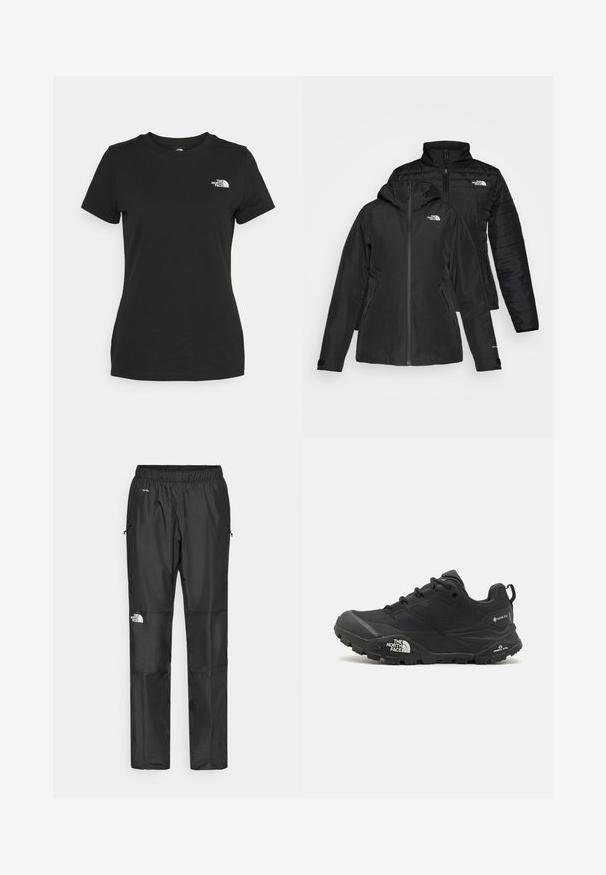 Svart to-i-én-jakke med et vanntett ytterlag og hette, samt et quiltet indre lag. Begge lagene har glidelåslukking og logoer.; Svart bomull t-skjorte med rund hals og korte ermer. Fremtredende hvit logo øverst til venstre. Glatt tekstur, avslappet passform.; Sorte vanntette bukser laget av lettvektig stoff, med elastisk midjebånd, sidelommer og en logo på venstre ben.; Svart tursko med teksturert overdel, snøring og en kraftig gummisåle som har et fremtredende logo på siden og mønster i sålen.
