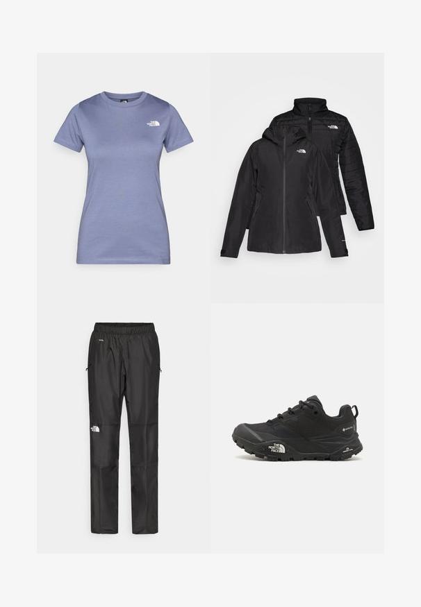 Sort to-i-én jakke med et vandtæt yderlag med hætte og et quiltet inderlag. Begge lag har lynlåslukninger og logoer.; Lyserød kortærmet T-shirt lavet af bomuld, med rund halsudskæring og et lille hvidt logo på brystet. Glat tekstur.; Sorte vandtætte bukser lavet af letvægtsstof, med elastisk talje, sidelommer og et logo på venstre ben.; Sort vandresko med en tekstureret overdel, snørebåndslukning og en kraftig gummisål med et fremtrædende logo på siden og mønstrede slidbaner.