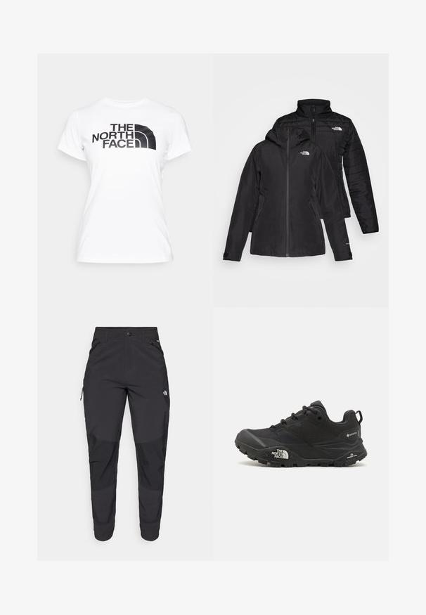 Must musta kahe-osaline jakk, millel on veekindel välimine kihte kapuutsiga ja sooja voodriga sisemine kihte. Mõlemal kihil on lukuga kinnitused ja logod.; Valge puuvillane T-särk, mille esipõlves on must graafiline trükk "THE NORTH FACE" logost. Lühikesed varrukad ja ümar kaelus.; Must black välitingimustes püksid, mis on valmistatud vastupidavast kangast. Omavad lukugaTaskuid, tugevdatud põlvepaneele ja sirget lõiget liikuvuse tagamiseks.; Mustad matkajalanõud musta värvi, tekstuurse ülemise osa, paeltega kinnituse ja volüümika kummitald, millel on silmapaistev logo külgedel ja mustrimuster.