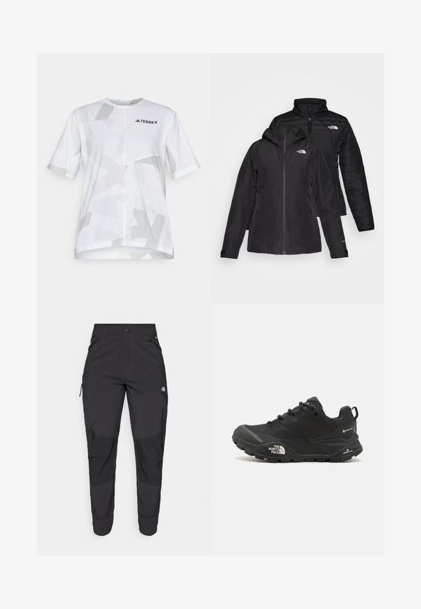 Czarna kurtka 2 w 1 z wodoodporną zewnętrzną warstwą z kapturem oraz pikowaną wewnętrzną warstwą. Obie warstwy mają zapięcia na zamek i logo.; Biała koszula z krótkim rękawem z geometrycznym szarym wzorem i okrągłym dekoltem. Logo na piersi. Lekki materiał odpowiedni do odzieży sportowej.; Czarne spodnie outdoorowe wykonane z trwałego materiału. Posiadają kieszenie zapinane na zamek, wzmocnione panele na kolanach oraz prosty krój zapewniający swobodę ruchów.; Czarne buty trekkingowe z teksturowaną cholewą, sznurowaniem i masywną gumową podeszwą z wyraźnym logo po boku oraz wzorami bieżnika.