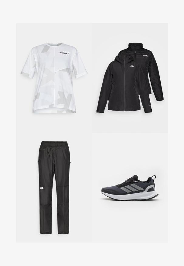 Melnā divu vienā jakā ir ūdensnecaurlaidīgs ārējais slānis ar kapuci un quiltēts iekšējais slānis. Abiem slāņiem ir rāvējslēdzēju aizdare un logotipi.; Balts īsām piedurknēm krekls ar ģeometrisku pelēku rakstu un apaļu kakla izgriezumu. Logo uz krūtīm. Viegls materiāls, kas piemērots aktīvai nodarbībai.; Melnas ūdensnecaurlaidīgas bikses, kas izgatavotas no viegla materiāla, ar elastīgu jostu, sānu kabatām un logotipu uz kreisās kājas.; Melna sporta kurpe ar acs materiāla augšdaļu, balta apakšzole, teksturēta gumijas zole un trīs pelēkas svītras sānos. Aprīkota ar saites un aizmugures cilpu.