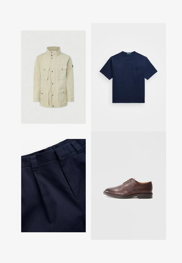 Beżowa kurtka z wysokim kołnierzem, zapięciem na guziki z przodu, dwiema kieszeniami na piersiach oraz dwiema dolnymi kieszeniami. Gładki materiał o minimalistycznym designie.; Granatowa bawełniana koszulka z okrągłym dekoltem, krótkimi rękawami i kieszonką na lewej piersi. Gładka tekstura z klasycznym krojem.; Granatowe spodnie w kant z gładkiego, teksturowanego materiału. Posiadają płaski pas i szlufki na pasek, zaprojektowane z myślą o wygodzie i dopasowaniu.; Brązowe skórzane buty męskie do garnituru z wzorowanym wykończeniem i słupkowym obcasem na białym tle.