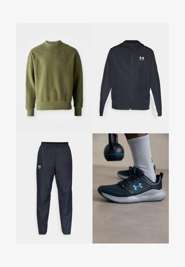 Black athletic jacket with a hood, zip closure, and white side panels. Features a logo on the chest and elastic cuffs for a secure fit.; Olive green sweatshirt with a textured finish, long sleeves, ribbed cuffs and hem, and subtle embroidered detail on the chest.; Black athletic pants featuring an elastic waistband, tapered legs, and a white logo on the side. Made from lightweight, durable fabric.; Black athletic shoe with blue accents, textured upper, and gray sole. Worn with gray ribbed socks, beside a black kettlebell.
