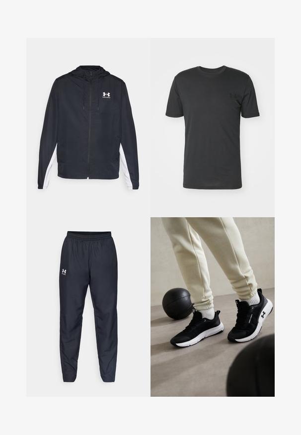 Veste de sport noire avec capuche, fermeture éclair et panneaux latéraux blancs. Présente un logo sur la poitrine et des poignets élastiques pour un ajustement sûr.; T-shirt noir à manches courtes en coton, avec un col rond et un petit logo noir sur la poitrine gauche.; Pantalons de sport noirs avec une taille élastique, des jambes fuselées et un logo blanc sur le côté. Fabriqués en tissu léger et durable.; Chaussures de sport noires avec une semelle blanche, présentant un dessus texturé et un système de laçage. Accompagnées d'un pantalon de survêtement couleur crème et d'un ballon de basket noir.