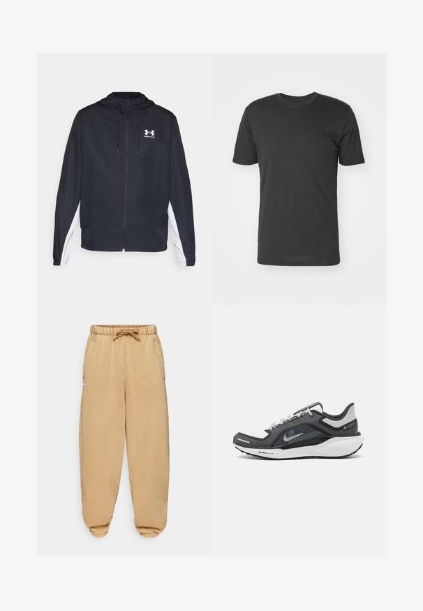 Juodas sportinis švarkas su kapišonu, užtrauktuku ir baltais šoniniais elementais. Ant krūtinės yra logotipas, o elastiniai rankogaliai užtikrina tvirtą prigludimą.; Juodas trumpas rankovės marškinėliai, pagaminti iš medvilnės, su apvaliu iškirpimu ir mažu juodu logotipu kairėje krūtinės pusėje.; Šviesiai rudos spalvos sportinės kelnės, pagamintos iš minkštos medžiagos, su elastingu juosmeniu, raišteliu, šoninėmis kišenėmis ir siaurėjančiais kelnių galais.; Juodas ir pilkas sportinis batelis su tinkleliu viršuje, atspindinčiais akcentais ir balta vidurinė dalimi. Yra tekstūruota guminė išorinė pada ir raišteliai.