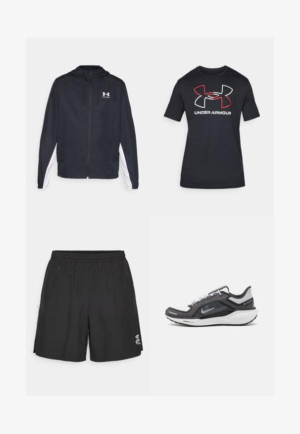 Black athletic jacket with a hood, zip closure, and white side panels. Features a logo on the chest and elastic cuffs for a secure fit.; Black short-sleeve t-shirt made from lightweight fabric featuring a large red and white Under Armour logo on the front.; Black elastic waist shorts with a small white graphic on the lower front side, designed for casual or sportswear.; Black and gray athletic shoe with a mesh upper, reflective accents, and a white midsole. Features textured rubber outsole and laces.