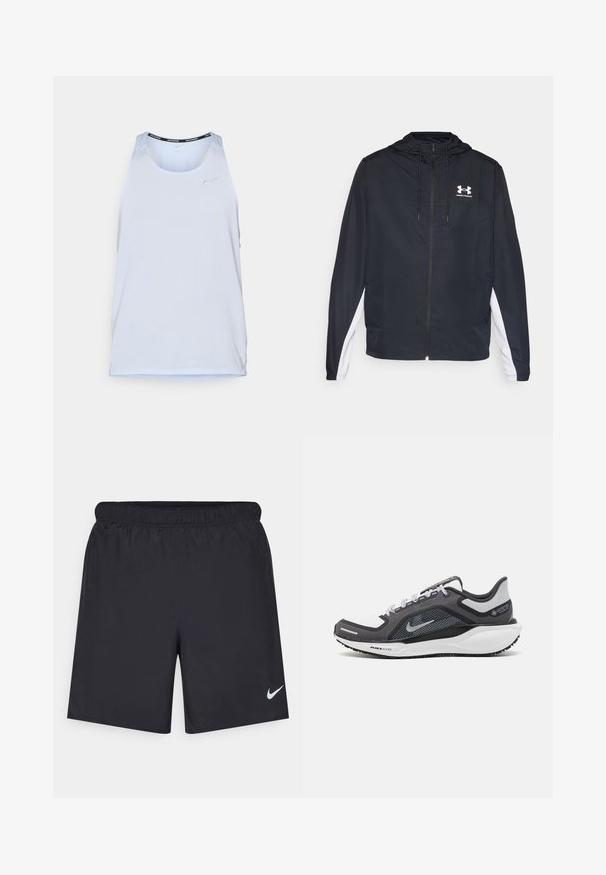 Giacca atletica nera con cappuccio, chiusura a zip e pannelli laterali bianchi. Presenta un logo sul petto e polsini elastici per una vestibilità sicura.; Canotta atletica azzurro chiaro realizzata in tessuto traspirante e per perforato, con scollatura rotonda e una finitura nera lungo il colletto.; Shorts sportivi neri realizzati in materiale leggero con vita elastica. Presentano un piccolo logo Nike bianco sul lato sinistro in basso.; Scarpa da ginnastica nera e grigia con tomaia in rete, dettagli riflettenti e intersuola bianca. Presenta una suola in gomma testurizzata e lacci.