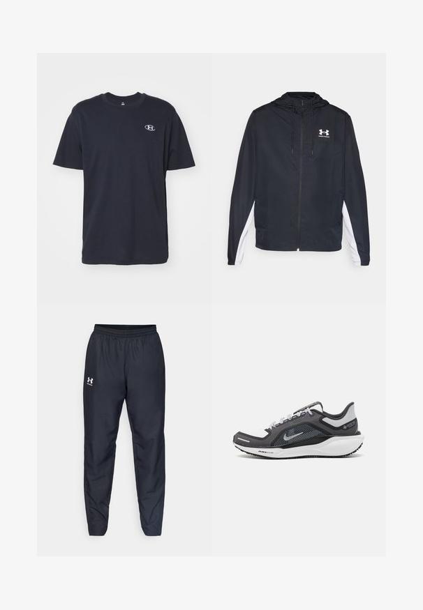 Sort atletisk jakke med hætte, lynlås lukning og hvide sidepaneler. Har et logo på brystet og elastiske manchetter for en sikker pasform.; Marineblå bomulds t-shirt med korte ærmer, rund hals og et lille hvidt logo på venstre bryst. Blød tekstur, lige pasform og enkelt design.; Sorte sportbukser med elastisk talje, tapered ben og et hvidt logo på siden. Fremstillet af letvægts, holdbart stof.; Sort og grå atletisk sko med en mesh-overdel, reflekterende detaljer og en hvid mellemsål. Har en tekstureret gummisål og snørebånd.