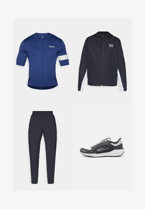 Czarna sportowa kurtka z kapturem, zapinana na zamek błyskawiczny, z białymi panelami bocznymi. Posiada logo na piersi oraz elastyczne mankiety dla pewnego dopasowania.; Granatowa koszulka kolarska z krótkim rękawem, pełnym zamkiem i białym paskiem na lewym rękawie. Wykonana z gładkiego, elastycznego materiału.; Czarne spodnie sportowe o gładkiej fakturze, dopasowanym kroju, elastycznej talii i bocznych kieszeniach. Posiadają małe logo na lewym udzie.; Czarne i szare buty sportowe z siateczkową cholewką, odblaskowymi akcentami i białą podeszwą środkową. Posiadają teksturowaną gumową podeszwę i sznurowadła.