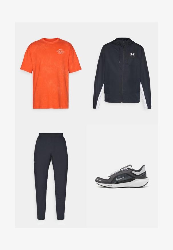 Sort atletisk jakke med hætte, lynlås lukning og hvide sidepaneler. Har et logo på brystet og elastiske manchetter for en sikker pasform.; Orange bomulds T-shirt med en afslappet pasform, med et hvidt "NIKE ATHLETIC DEPT." print på den øverste venstre side. Blød tekstur.; Sorte atletiske bukser med en glat overflade, tætsiddende pasform, elastisk talje og sidelommer. Indeholder et lille logo på venstre lår.; Sort og grå atletisk sko med en mesh-overdel, reflekterende detaljer og en hvid mellemsål. Har en tekstureret gummisål og snørebånd.
