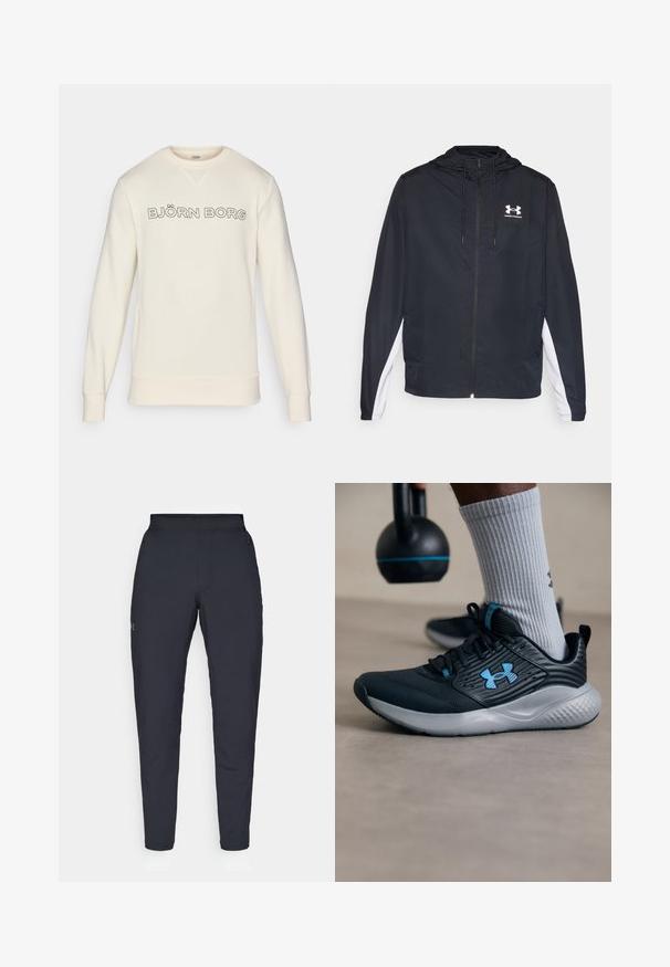 Black windbreaker jacket with a hood, featuring white side accents. Constructed from lightweight material, includes a front zipper and logo.; Cream sweater featuring a breathable fabric, crew neck design, and a prominent "BJÖRN BORG" logo across the chest in black.; Black athletic pants with a smooth texture, slim fit, elastic waistband, and side pockets. Features a small logo on the left thigh.; Black athletic shoe with blue accents, textured upper, and gray sole. Worn with gray ribbed socks, beside a black kettlebell.