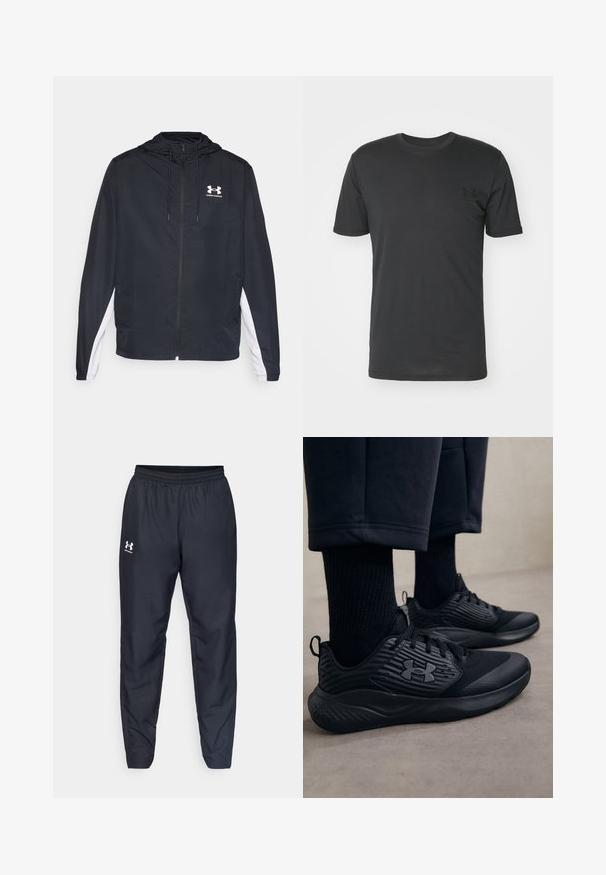 Svart vindjakke med hette, med hvite sidedetaljer. Laget av lett materiale, med glidelås foran og logo.; Svart kortermet t-skjorte laget av bomull, med rund hals og en liten svart logo på venstre brystområde.; Sorte treningbukser med elastisk midje, innsnevrede ben og en hvit logo på siden. Laget av lett, slitesterkt stoff.; Person som har på seg svarte treningssneakers med teksturerte sider og logo, kombinert med svarte sokker og cropped bukser på et lyst gulv.