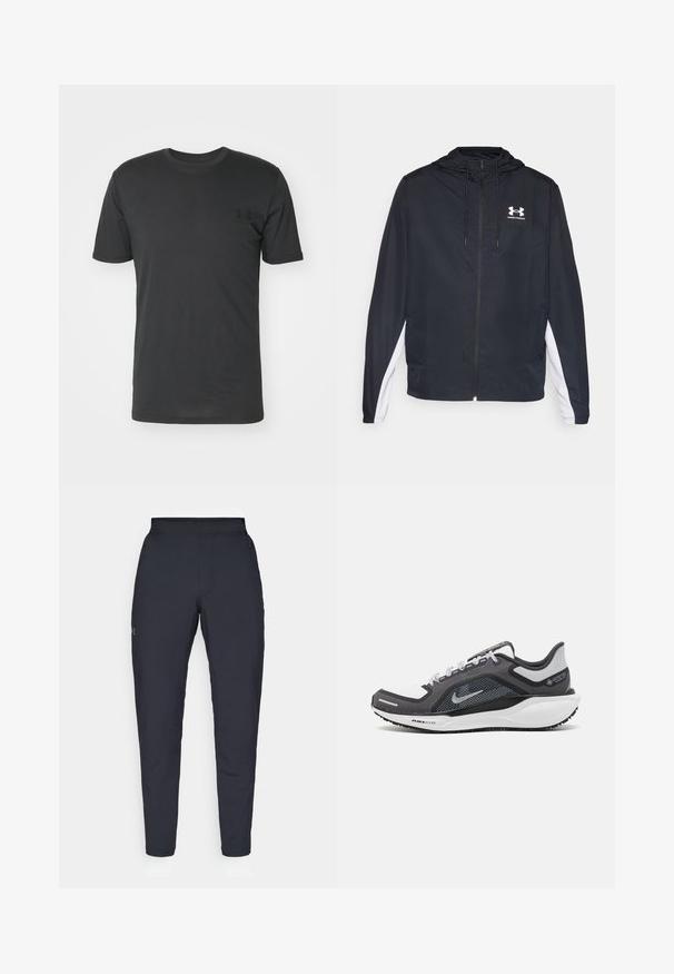 Svart vindjakke med hette, med hvite sidedetaljer. Laget av lett materiale, med glidelås foran og logo.; Svart kortermet t-skjorte laget av bomull, med rund hals og en liten svart logo på venstre brystområde.; Sorte treningbukser med glatt tekstur, smal passform, elastisk midjebånd og sidelommer. Har en liten logo på venstre lår.; Svart og grå atletisk sko med mesh-overdel, refleksdetaljer og hvit mellomsåle. Har strukturert gummisåle og lisser.