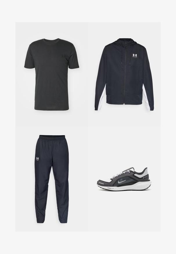 Svart vindjakke med hette, med hvite sidedetaljer. Laget av lett materiale, med glidelås foran og logo.; Svart kortermet t-skjorte laget av bomull, med rund hals og en liten svart logo på venstre brystområde.; Sorte treningbukser med elastisk midje, innsnevrede ben og en hvit logo på siden. Laget av lett, slitesterkt stoff.; Svart og grå atletisk sko med mesh-overdel, refleksdetaljer og hvit mellomsåle. Har strukturert gummisåle og lisser.