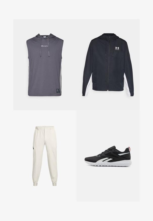 Čierna vetrovka s kapucňou a bielymi bočnými akcentmi. Vyrobená z ľahkého materiálu, obsahuje predný zips a logo.; Champion SLEEVELESS HOODIE - Tričko s potlačou - dark grey; Svetlo béžové jogger nohavice s elastickým pásom, bočnými vreckami a rebrovanými manžetami; majú čierny logotyp na ľavom boku.; Čierne športové topánky s priedušným zvrškom, bielymi akcentmi, textúrovanou podrážkou a červeným pútkom na päte pre lepší detail.