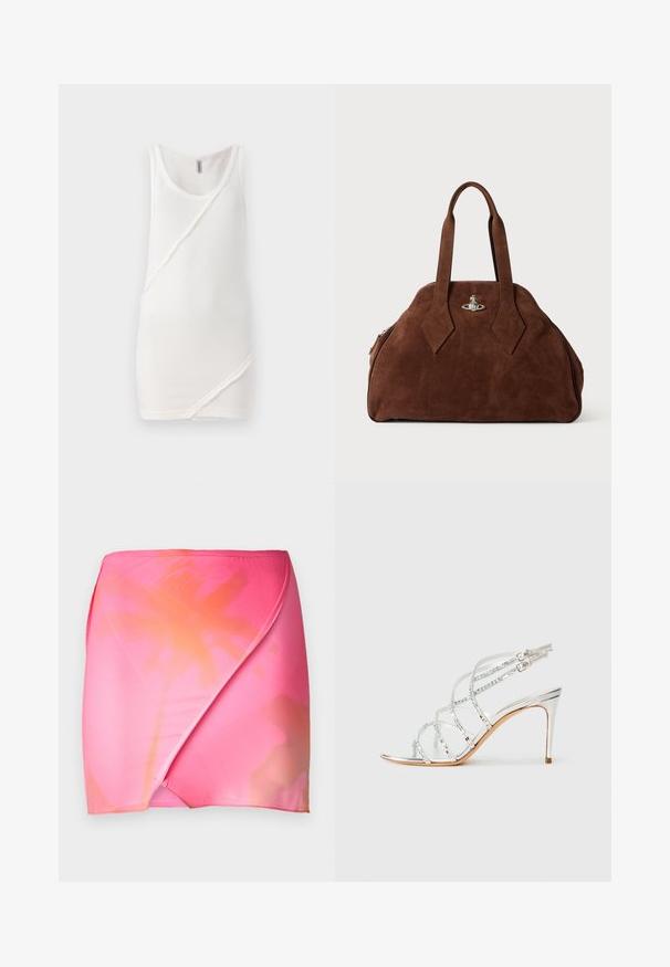 Brauner langer Mantel mit asymmetrischer Front, geschwungener Seitennaht und vier Knöpfen mit goldfarbenem Emblem-Detail.; Weißes Tanktop aus geripptem Stoff, mit rundem Ausschnitt und schrägen Nahtdetails an der Vorderseite, sowie rohen Kantenakzenten.; Rosa Farbverlauf Wickelrock aus glattem, elastischem Stoff mit einem Ombre-Effekt von lebhaftem Rosa zu sanftem Orange. Schlichtes Bunddesign.; Metallisch silberner High-Heel-Sandaletten mit gekreuzten Riemen, transparenten Akzenten und einem schlanken, spitzen Zehendesign. Verstellbare Knöchellasche.; Braune Wildleder-Handtasche mit strukturiertem Design, abgerundeter Form und länglichen, diamantförmigen Griffen. Mit einem silbernen Metallverschluss ausgestattet.