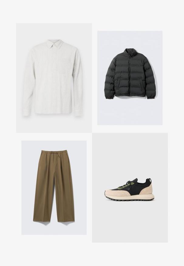 Zwarte pufferjack met een hoge kraag, ritssluiting aan de voorkant, elastische manchetten en zijzakken, met een gewatteerd ontwerp en gladde textuur.; Lange mouw knoopsluiting shirt in lichtgrijs met een gestructureerd ruitpatroon, een borstzak en een klassieke kraag. Gemaakt van geweven stof.; Wijduitlopende broeken in olijfgroen, gemaakt van zachte stof met een elastische tailleband en een verstelbaar trekkoord. Beschikt over twee zijzakken.; Lichtroze en zwarte sportieve schoen van suede en breimateriaal. Kenmerkt zich door groene veters, een gestructureerde zool en een subtiel logo aan de zijkant.