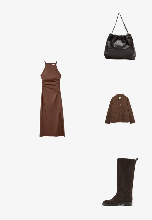 Bruine katoenen jas met een kraag, voorzijde met drukknoopjes en twee grote opgestikte zakken. Strak, rechtlijnig ontwerp.; Stradivarius HALTER - Etui-jurk - dark brown; Bruine suède laarzen tot de knie met een ronde neus, platte zool en een kleine hak. Voorzien van een achterste trekband voor eenvoudig aan- en uittrekken.; Bruine leren tas met een geplooide bovenkant en een kettinghengsel. Glad textuur met een glanzende afwerking en subtiele naaddetails aan de zijkanten.