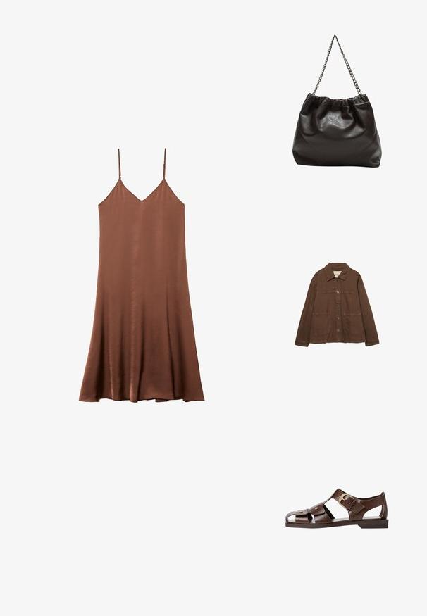 Smeđa pamučna jakna s ovratnikom, prednjim snap gumbima i dva velika džepa. Čist, ravno krojen dizajn.; Smeđa satenska haljina s naramenicama koje se mogu prilagoditi, v-izrezom i lepršavim, A-linijskim siluetom. Glatka tekstura i jednostavnost u dizajnu.; Smeđe kožne sandale s izrezbarenim dizajnom, podesivim bočnim kopčanjem i ravnim potplatom, s metalnim detaljima i otvorenim prstima.; Smeđa kožna torba s naboranim vrhom i lančićem za nošenje. Glatka tekstura s sjajnim završetkom i suptilnim šavnim detaljima sa strane.