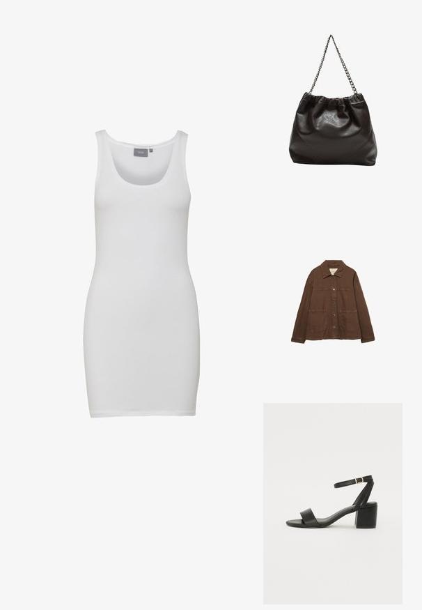 Hnedá bavlnená bunda s límcom, prednými cvokmi a dvoma veľkými náprsnými vreckami. Čistý, rovný strih.; Biely tank top šaty s okrúhlym výstrihom, vyrobené z hladkej, elastickej látky. Bezrukávový dizajn s priliehavou siluetou siahajúcou po strednú časť stehien.; Čierne sandále na podpätku so hladkým koženým vrchom, otvorenou špičkou, širokými prednými prúžkami a nastaviteľným členkovým popruhom so zlatým prackom.; Hnedá kožená taška so zberaným vrchom a reťazovým popruhom. Hladký povrch s lesklým finišom a jemným švom po stranách.