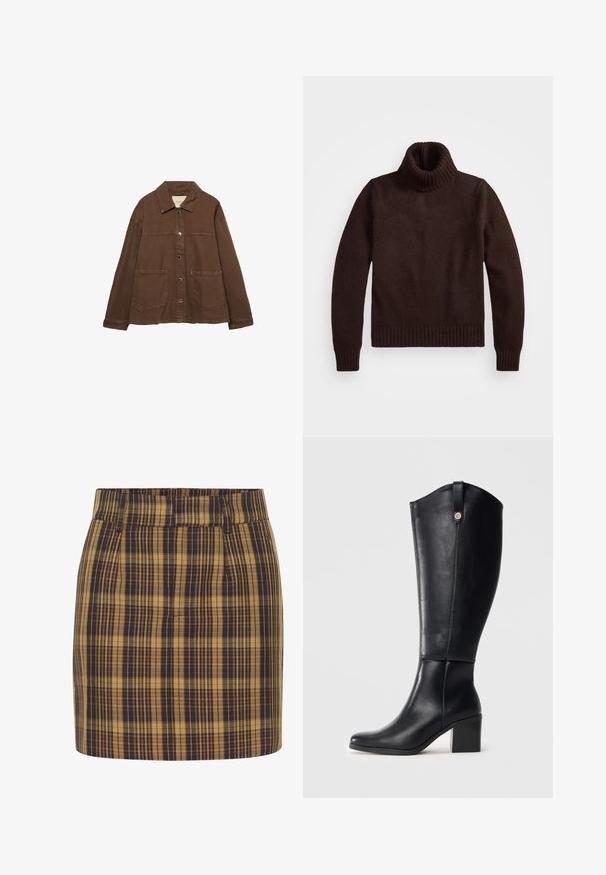 Smeđa pamučna jakna s ovratnikom, prednjim snap gumbima i dva velika džepa. Čist, ravno krojen dizajn.; Smeđi, debeli pleteni pulover s visokim ovratnikom, s rebrastim ovratnikom i rubom. Ima duge rukave i opuštenu siluetu, izrađen je od mekanog tekstilnog materijala.; Karirana mini suknja u žutoj i tamnoplavoj boji. Ima visoki struk, ravnu prednju stranu i bočne džepove, napravljena od teksturirane tkanine sa strukturiranim oblikom.; Crne kožne čizmice do koljena sa četvrtastim vrhom i blok petom. Imaju bočni šav i dekorativni metalni detalj na vrhu.