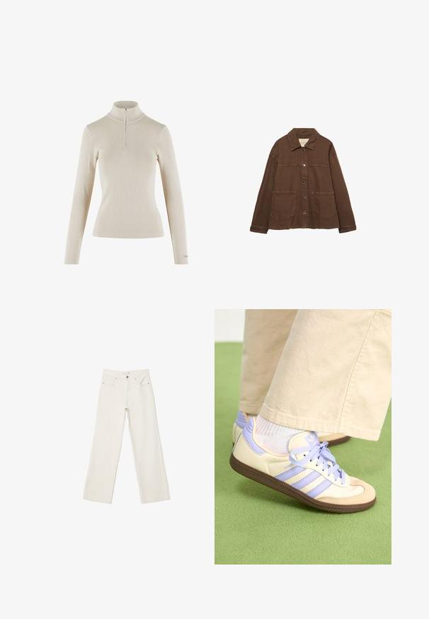 Brun bomuldsjakke med krave, frontknapper og to store påsyede lommer. Renskåret, lige snit.; Lys beige langærmet turtleneck top lavet af ribbet stof, der har en kvart lynlås ved halsen og en tætsiddende pasform.; Hvide brede bukser lavet af denim, med høj talje, frontlommer og knaplukning. Renset design med minimale accenter.; Creme og lavendel sneakers med tre striber og en tekstureret brun sål, der har snørebånd og en polstret hæl. Blødt stof øvre.
