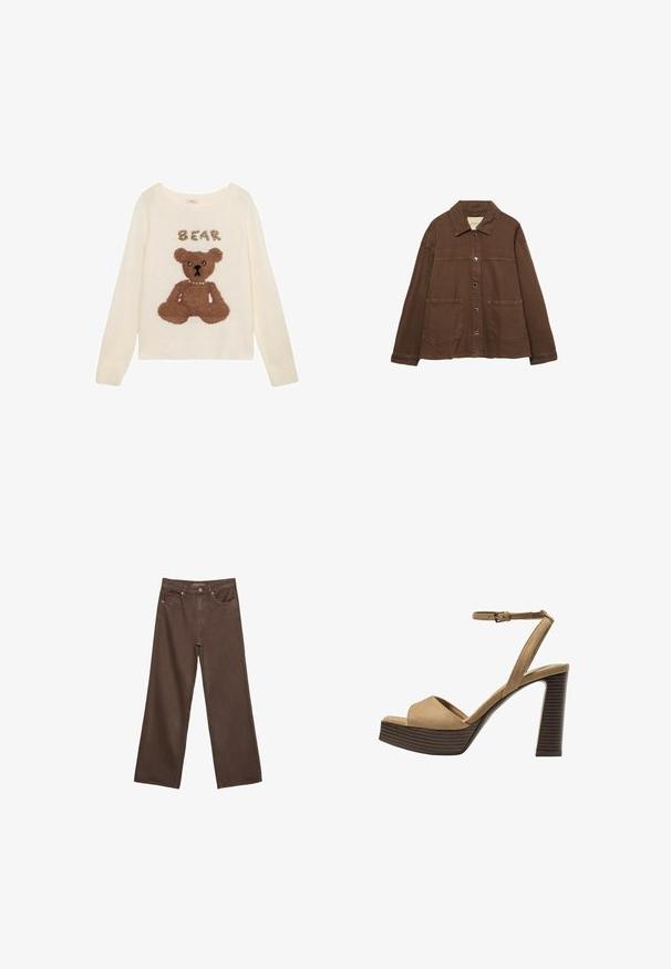 Brown cotton jacket featuring a collared neckline, front snap buttons, and two large patch pockets. Clean, straight-cut design.; Cream-colored sweater featuring a textured, brown teddy bear design in the center with "BEAR" above, embellished with small beads.; Wide-leg brown jeans made of denim, featuring a high waist, front pockets, and a classic button closure. Smooth texture with subtle stitching.; Beige suede high-heeled sandals with a wide front strap and ankle strap, featuring a chunky wooden block heel with a textured finish.