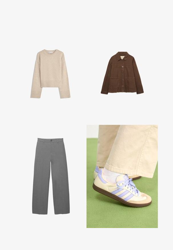Veste en coton marron avec un col, des boutons-pression à l'avant et deux grandes poches plaquées. Design épuré et coupe droite.; Pull en beige court en tricot doux. Présente un col rond, des manches longues et des bords-côtes aux poignets et à l'ourlet pour une texture supplémentaire.; Pantalons larges gris en tissu texturé, dotés d'une fermeture à bouton et d'une taille, avec une silhouette droite.; Baskets crème et lavande avec trois bandes et une semelle marron texturée, dotées de lacets et d'un talon rembourré. Tige en tissu doux.