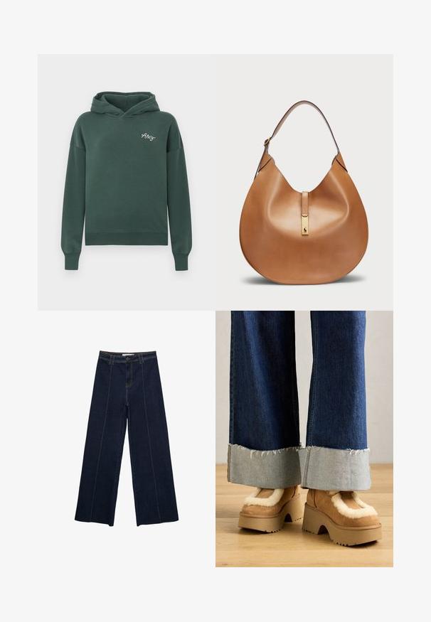 Braune Baumwolljacke mit einem Kragen, vorderen Druckknöpfen und zwei großen aufgesetzten Taschen. Sauberes, geradliniges Design.; Grüne Kapuzenjacke aus weichem Baumwollmix, mit einer vorderen Kängurutasche, gerippten Bündchen und kleinem, gesticktem Logo auf der Brust.; Weite dunkle Jeanshose mit Kontrastnähten, hoher Taille und geradem Schnitt. Verfügt über Fronttaschen und einen klassischen Knopfverschluss.; Braune Wildleder-Plateau-Stiefel mit cremefarbener Fellfütterung, kombiniert mit weiten Denim-Hosen mit fransigen Säumen und einem helleren Denim-Bündchen.; Taschenhandtasche aus braunem Leder mit geschwungener Form und breitem Schultergurt. Sie verfügt über einen goldenen Metallakzent in der Mitte und eine glatte Textur.