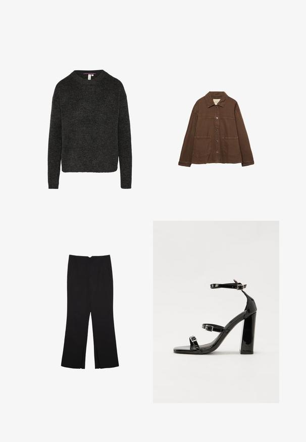 Bruine katoenen jas met een kraag, voorzijde met drukknoopjes en twee grote opgestikte zakken. Strak, rechtlijnig ontwerp.; Donkergrijze gebreide trui met een ronde hals en lange mouwen. Heeft een geribbelde textuur en een rechte zoom. Casual pasvorm.; Zwarte broek met een rechte pasvorm, voorzien van zijzakken en plooien aan de onderzijde. Gemaakt van zachte, gladde stof. Geschikt voor verschillende gelegenheden.; Zwarte gepatenteerde sandalen met hak en een vierkante neus, enkelbandjes en zilveren gespen. Heeft een stevige blokhak voor stabiliteit.