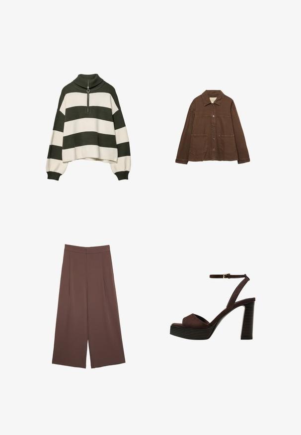 Braune Baumwolljacke mit einem Kragen, vorderen Druckknöpfen und zwei großen aufgesetzten Taschen. Sauberes, geradliniges Design.; Strickpullover mit hohem Kragen, der olivgrüne und cremefarbene horizontale Streifen aufweist. Enthält ein silbernes Reißverschlussdetail am Hals.; Braune Weite-Leg-Hosen mit einer glatten Textur, hoher Taille und Vorderfalten. Der Stoff ist leicht und fällt locker.; Braune Wildleder-Pumps mit offenem Zeh, verstellbarem Knöchelriemen und gestreiftem Plateausohlen.