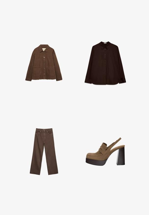 Brązowa bawełniana kurtka z kołnierzykiem, z przodu na zatrzaski i dwiema dużymi naszywanymi kieszeniami. Czysty, prosty krój.; Brązowa koszula zapinana na guziki z klasycznym kołnierzykiem, długimi rękawami i prostym krojem. Miękka tekstura i minimalistyczny design bez wzorów.; Szerokie brązowe dżinsy wykonane z denimu, z wysokim stanem, przednimi kieszeniami i klasycznym zapięciem na guzik. Gładka faktura z subtelnym przeszyciem.; Brązowe zamszowe platformy na obcasie z grubym, żebrowanym słupkiem i szerokim paskiem na górze, ze zaokrąglonym noskiem.