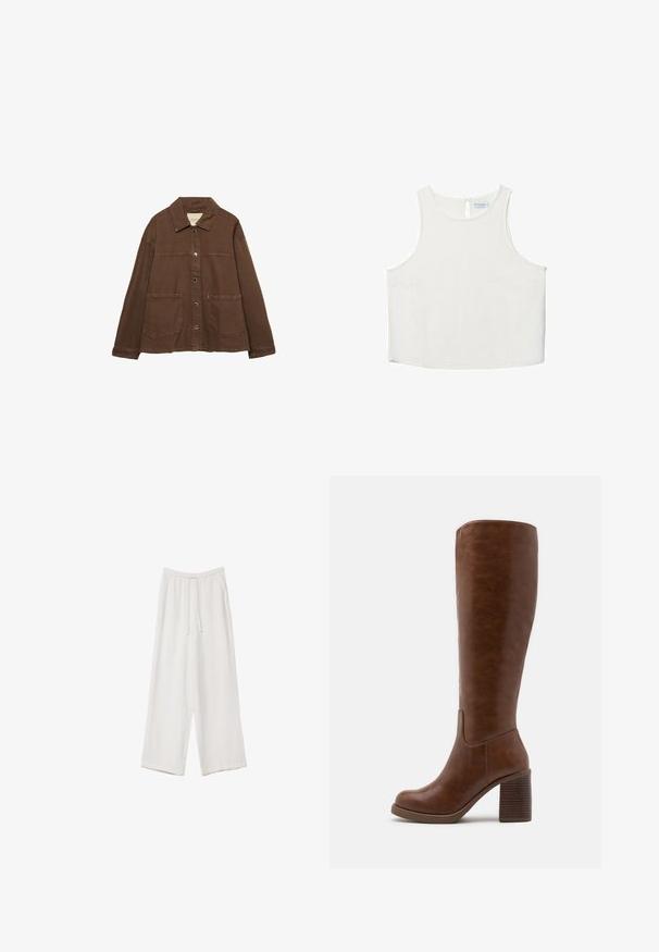 Bruine katoenen jas met een kraag, voorzijde met drukknoopjes en twee grote opgestikte zakken. Strak, rechtlijnig ontwerp.; Witte mouwloze top met een ronde halslijn, voorzien van een subtiele textuur, een sleutelgatenrugdetail en een rechte zoom.; Witte wijde broek gemaakt van een lichte stof. Voorzien van een elastische tailleband met een trekkoord en zijzakken. Zachte textuur.; Bruine kniehoge laarzen van glad faux leer, met een ronde neus, blokhak met verticale groeven en een minimalistisch ontwerp.
