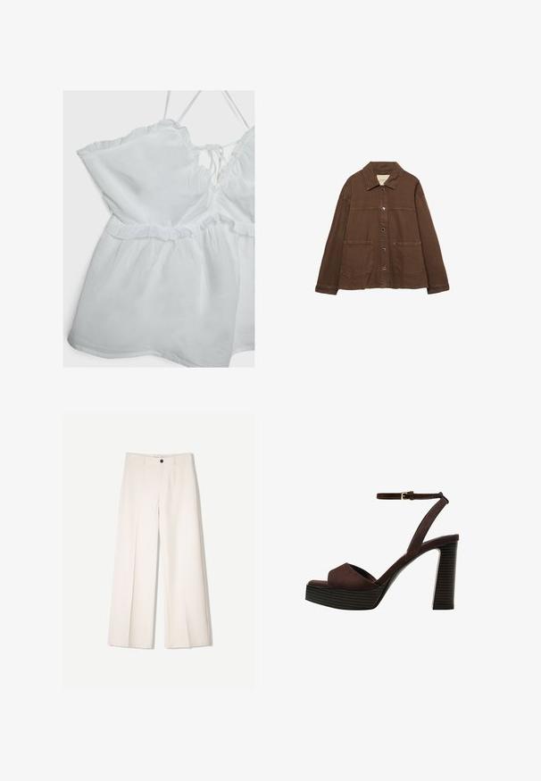 Brun bomulljacka med krage, tryckknappar framtill och två stora påsydda fickor. Rent, rakskuren design.; Vit ärmlös topp med volangkant, justerbara axelremmar och en åtstramad midja. Tillverkad av lätt tyg med en mjuk textur.; Krämfärgade byxor med vida ben och skräddarsydd design, med två framfickor och en enda knappstängning fram, tillverkade av ett smidigt tyg.; Bruna mocka högklackade sandaler med öppen tå, justerbar vristrem och en randig plattformssula.
