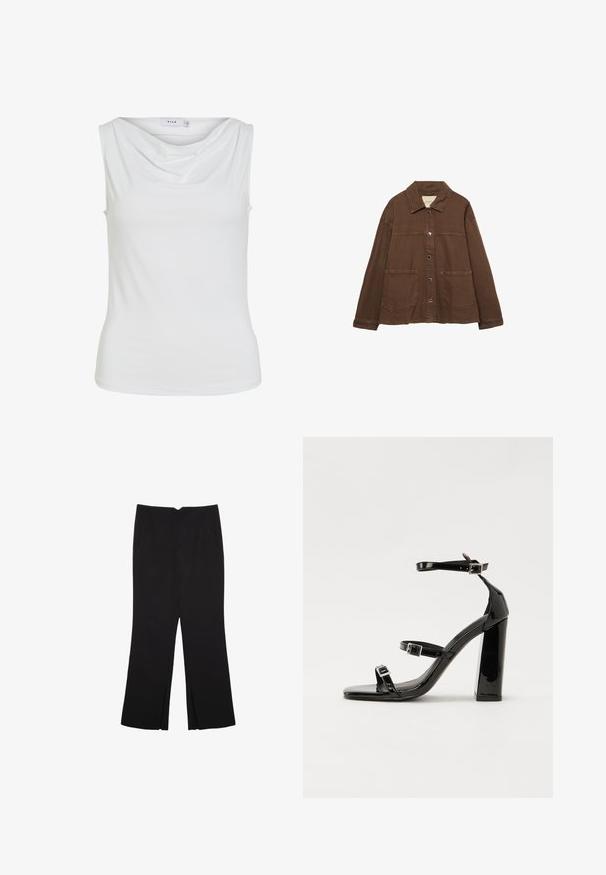 Ruskea puuvillapusero, jossa on kauluksellinen kaula-aukko, etuosassa napit ja kaksi suurta päällystaskua. Siisti, suora leikkaus.; Valkoinen naisten toppi ilman hihoja, jossa on roikkuva kaula-aukko ja vartaloa myötäilevä siluetti. Kauluksessa on merkintä "VILA".; Mustat housut suoralinjaisella leikkauksella, joissa on etutaskut ja sivurei'ät helman alla. Valmistettu pehmeästä ja sileästä kankaasta. Sopii eri tilaisuuksiin.; Musta kiiltävä korkokenkä sandaalit neliönmuotoisella varpaalla, nilkkaremmillä ja hopeisilla soljilla. Varustettu tukevalla lohkokorkealla vakauden takaamiseksi.