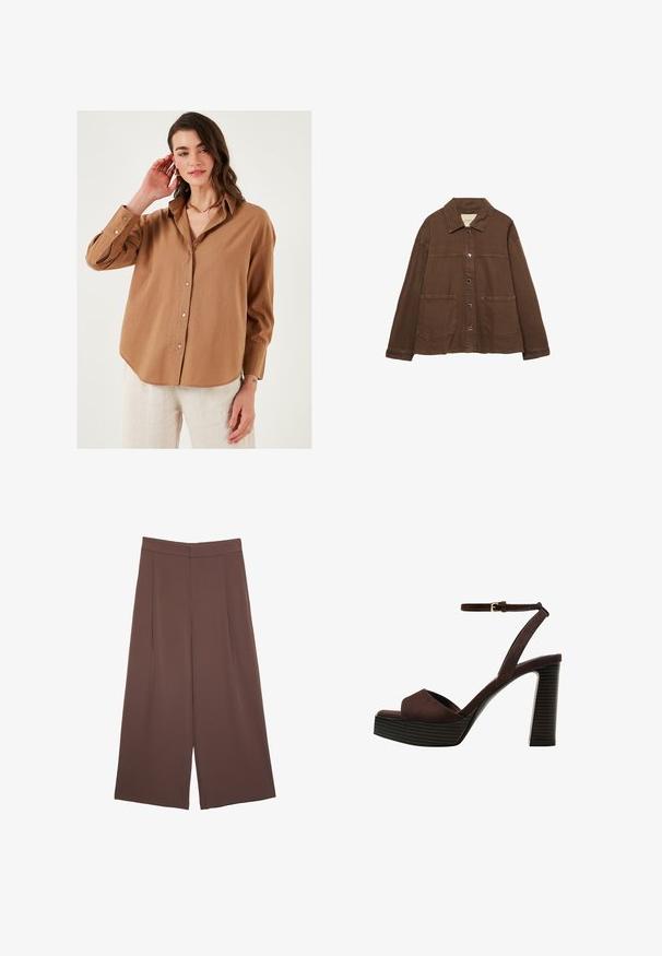 Brun bomuldsjakke med krave, frontknapper og to store påsyede lommer. Renskåret, lige snit.; Brun skjorte med knapper i en afslappet pasform, langærmet og med en let buet kant; lavet af let stof med subtil tekstur.; Brune bredbunde bukser med en glat tekstur, der har høj talje og plisseringer foran. Stoffet er let og falder løst.; Brune ruskinds højhælede sandal med åben tå, justerbar ankelrem og en stribet plade sål.