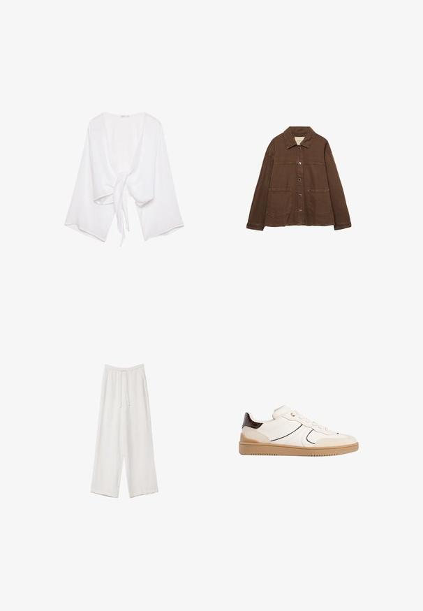 Smeđa pamučna jakna s ovratnikom, prednjim snap gumbima i dva velika džepa. Čist, ravno krojen dizajn.; Bijela kratka majica napravljena od laganog materijala. Ima vezanje sprijeda i široke, zvonaste rukave. Teksturirana površina.; Bijele hlače širokih nogavica napravljene od lagane tkanine. Imaju elastičan pojas s ušicom i bočne džepove. Glatka tekstura.; Stradivarius Tenisice - white