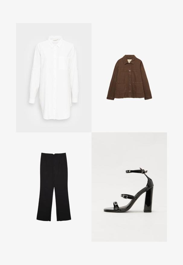 Hnědá bavlněná bunda s límcem, předními patentními knoflíky a dvěma velkými našitými kapsami. Čistý, rovný střih.; Bílá košile s dlouhým rukávem, s límečkem a náprsní kapsou, vystavená na jednoduchém světle šedém pozadí.; Černé kalhoty s rovným střihem, s předními kapsami a bočními rozparky na lemu. Vyrobené z jemné, hladké tkaniny. Vhodné na různé příležitosti.; Černé lakované sandály na podpatku se čtveratou špičkou, lýtkovými pásky a stříbrnými přezkami. Disponují masivním blokovým podpatkem pro stabilitu.