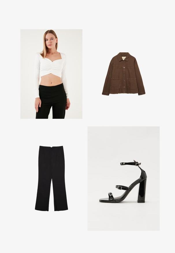 Giacca in cotone marrone con colletto, bottoni a pressione frontali e due grandi tasche a toppa. Design pulito e dritto.; Top corto bianco a maniche lunghe con scollatura quadrata e dettaglio centrale arricciato, abbinato a pantaloni neri a vita alta. Texture liscia.; Pantaloni neri a gamba dritta, con tasche frontali e spacchi laterali all'orlo. Realizzati in tessuto morbido e liscio. Adatti a diverse occasioni.; Sandali con tacco in vernice nera, con punta squadrata, cinturini alla caviglia e fibbie in argento. Presentano un tacco a blocco spesso per maggiore stabilità.