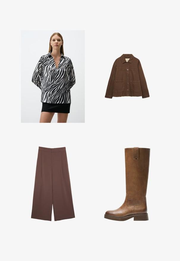 Braune Baumwolljacke mit einem Kragen, vorderen Druckknöpfen und zwei großen aufgesetzten Taschen. Sauberes, geradliniges Design.; Schwarz-weiß gestreifte Bluse mit V-Ausschnitt, langen Ärmeln und einer glatten, satinähnlichen Textur. Kombiniert mit einem schwarzen Rock.; Braune Weite-Leg-Hosen mit einer glatten Textur, hoher Taille und Vorderfalten. Der Stoff ist leicht und fällt locker.; Braunes Leder-Knöchelhochstiefel mit abgerundetem Zeh, strukturiertem Obermaterial und niedrigem, gestapeltem Absatz. Verfügt über ein seitliches Einsätzen und eine Ziehschlaufe an der Oberseite.