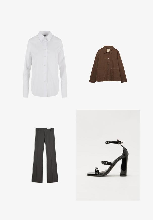 Giacca in cotone marrone con colletto, bottoni a pressione frontali e due grandi tasche a toppa. Design pulito e dritto.; Camicia bianca a maniche lunghe con bottoni, caratterizzata da un colletto classico, una texture liscia e sei bottoni frontali. Vestibilità su misura con orlo curvo.; Pantaloni grigi a campana in un tessuto morbido, con vita piatta, passanti per la cintura e un design su misura con linee pulite.; Sandali con tacco in vernice nera, con punta squadrata, cinturini alla caviglia e fibbie in argento. Presentano un tacco a blocco spesso per maggiore stabilità.