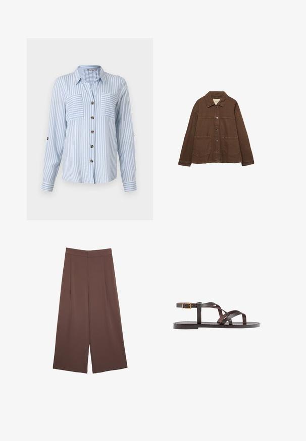 Ruskea puuvillapusero, jossa on kauluksellinen kaula-aukko, etuosassa napit ja kaksi suurta päällystaskua. Siisti, suora leikkaus.; Vaaleansininen raidallinen nappipaita pitkillä hihoilla, kahdella etutaskulla ja ruskeilla napeilla. Pystysuorat raidat luovat raikkaan kuosin.; Ruskeat leveälahkeiset housut, joissa on sileä pinta, korkea vyötärö ja etupleat. Kangas on kevyttä ja laskeutuu väljänä.; Ruske kožne sandale s križnim trakama, zatvaranjem na kopču oko gležnja i ravnim potplatom s minimalnim detaljima šivanja.