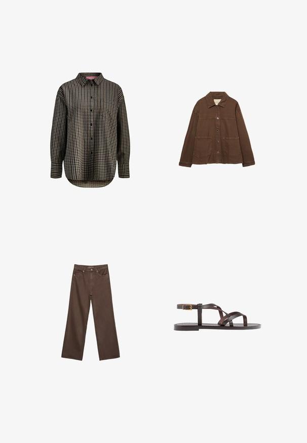 Brun bomuldsjakke med krave, frontknapper og to store påsyede lommer. Renskåret, lige snit.; Langærmet skjorte med knaplukning i sort og beige ternet mønster, en enkelt brystlomme, krave og buet kant.; Bredde ben brun denim jeans med høj talje, forlommer og klassisk knaplukning. Glat tekstur med diskret syninger.; Brune lædersandal med krydsende stropper, ankelspænde og en flad sål med minimale syninger.